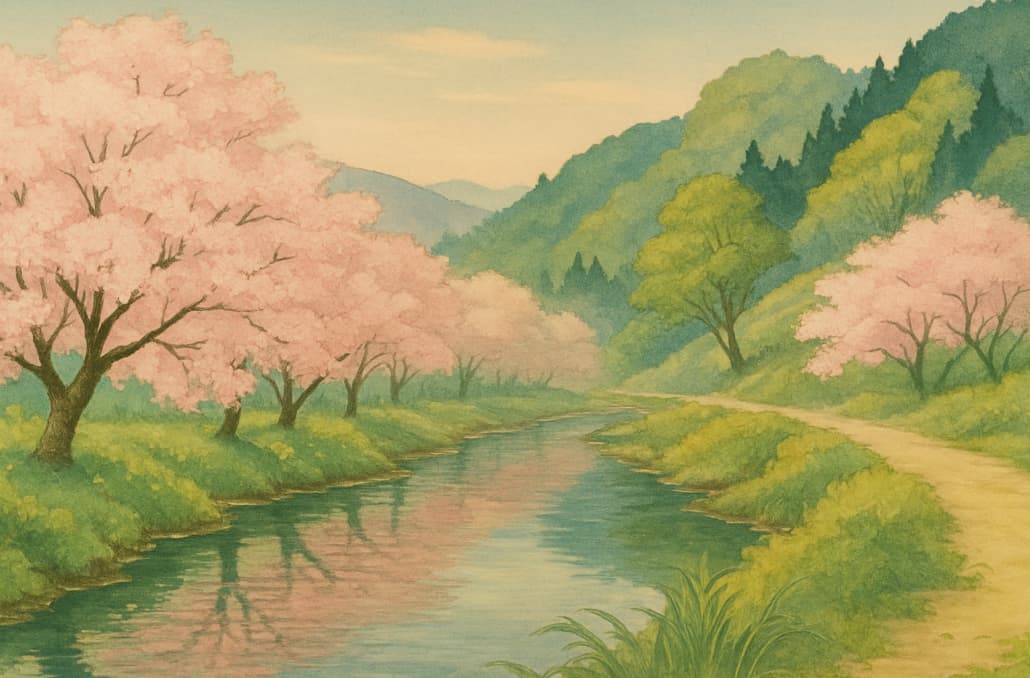満開の桜並木が川沿いに続く日本画風の風景。春の里山と水面に映る桜がやさしく描かれている。