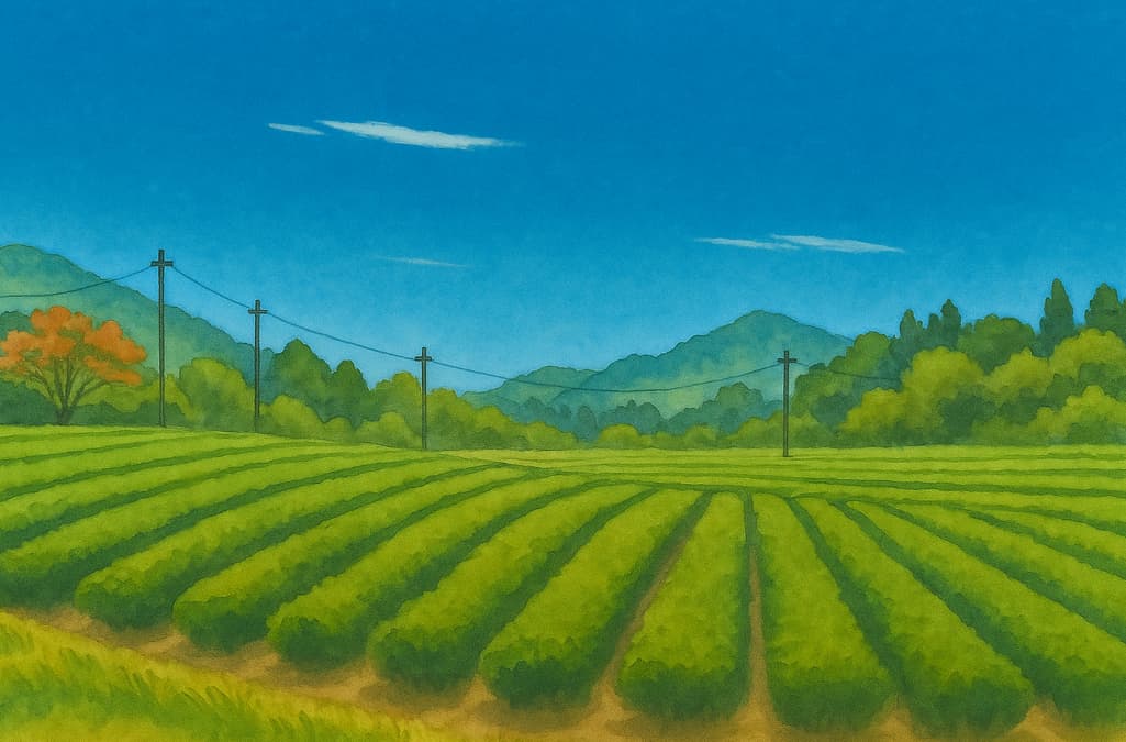 青空の下に広がる日本の茶畑を日本画風に描いた横長の風景イラスト