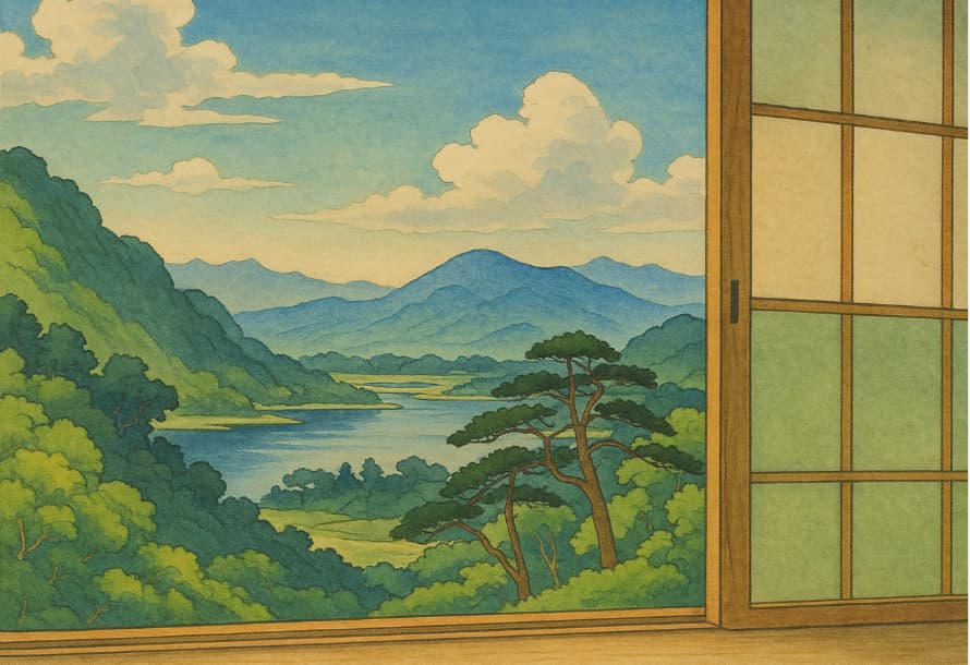 障子越しに見える、緑豊かな山々と湖の風景。青空と白い雲が広がる、日本画風の横長の風景画。
