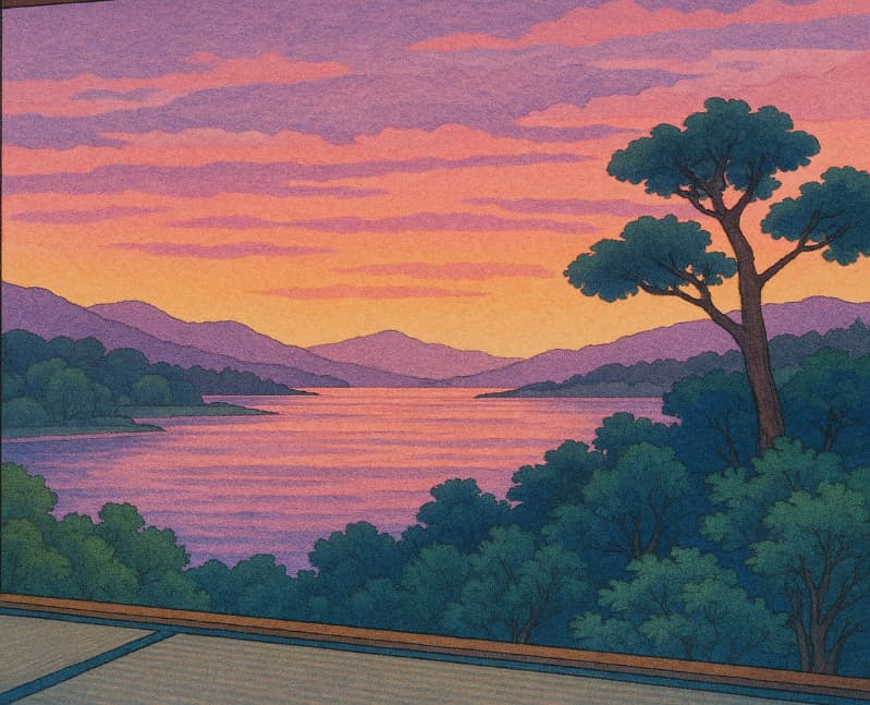 障子の向こうに広がる、夕焼け空と湖の美しい風景。薄紫とピンクの空が日本画風に描かれている。