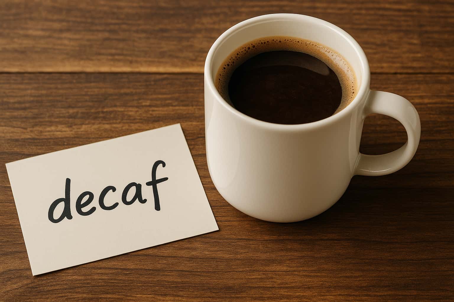 木目のテーブルの上に置かれた白いマグカップのコーヒーと、横に置かれた“decaf”と書かれたカード
